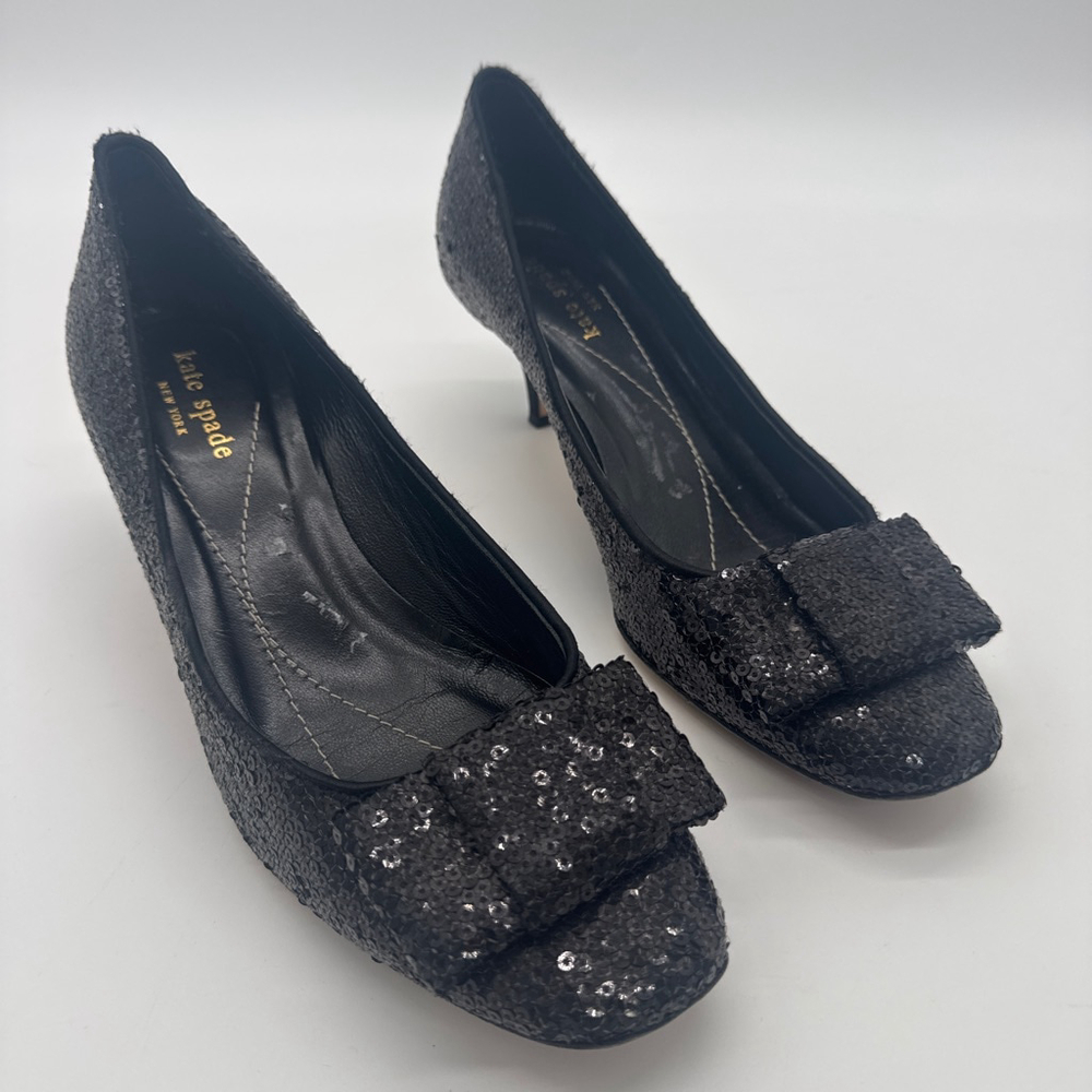 KATE SPADE Black Sequin Bow Kitten Heel Pumps US 8